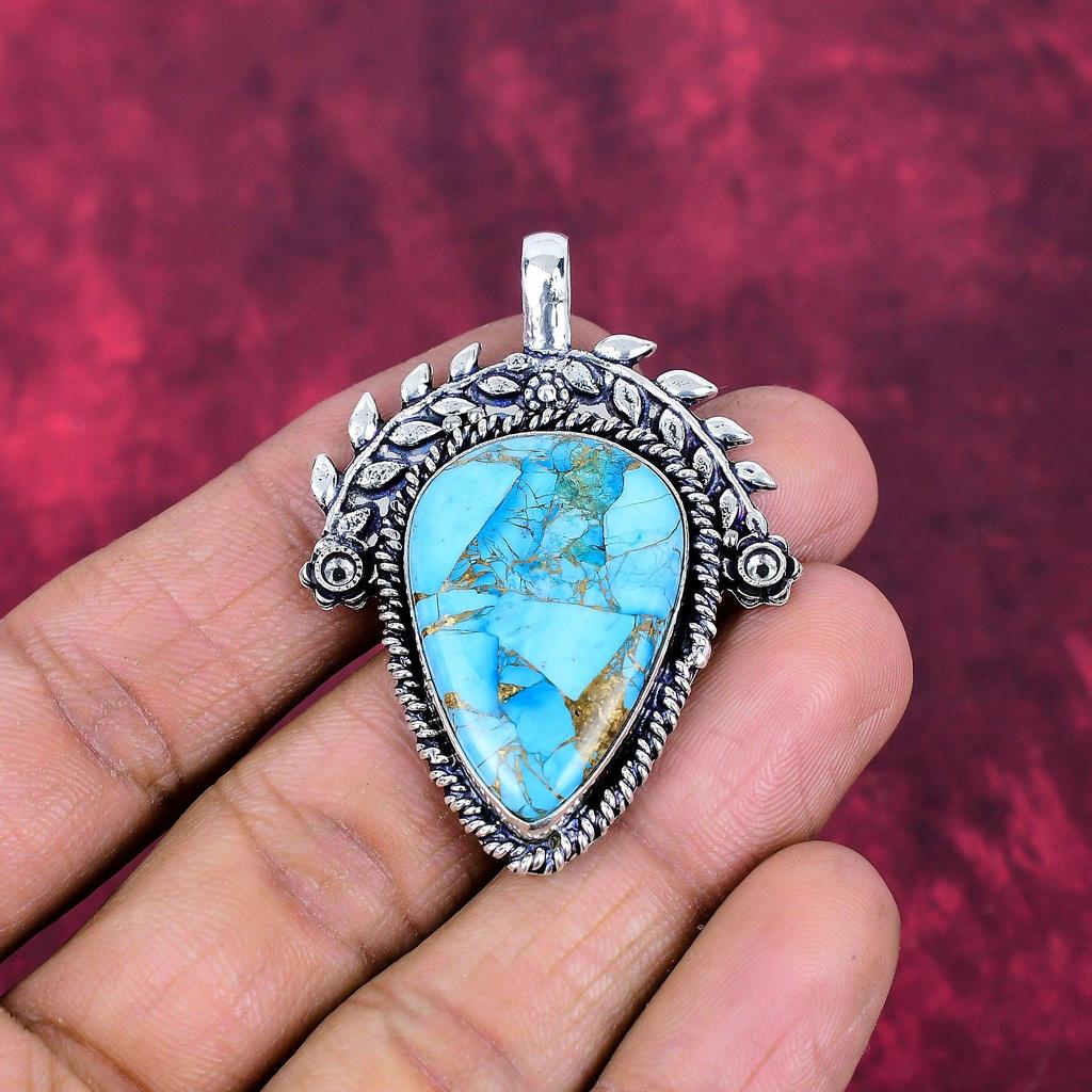 Blue Copper Turquoise Handmade Gemstone Pendant, 925 Solid Sterling Silver Pendant Antique Jewelry, For Engagement Gift