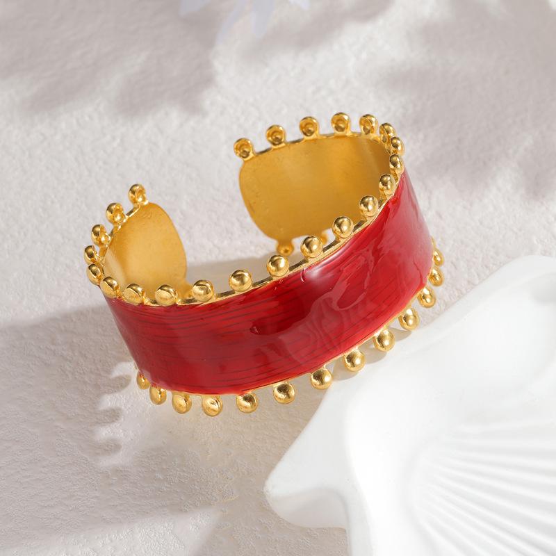 Retro 18k Gold Offener Herz Armreif: Rotes Drip Oil Hohl Edelstahl