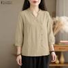 ZANZEA Women Casual V-neck Solid Color Loose 3/4 Sleeve Blouse