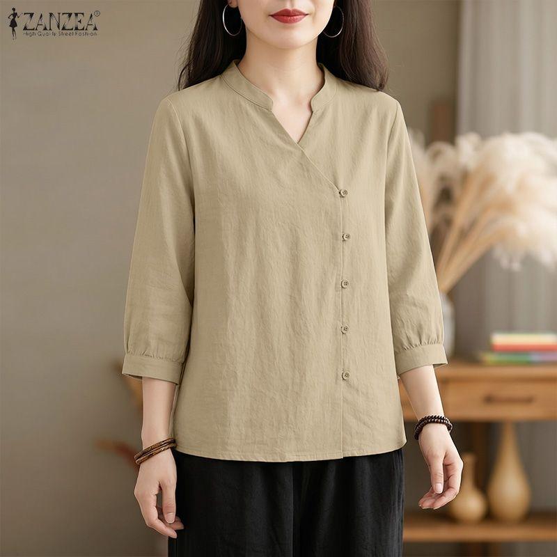 ZANZEA Women Casual V-neck Solid Color Loose 3/4 Sleeve Blouse