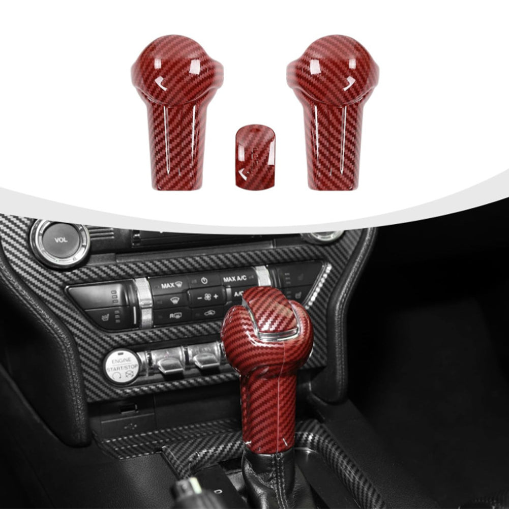 3Pcs/Set Car Gear Shift Knob Head Auto Interior Gear Knob Cover Trim Cover Red Black Carbon Fiber For Ford Mustang 2015 - 2019