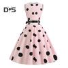 Sukienka wieczorowa dla kobiet w stylu vintage, kontrastowe kropki, nadruk w kropki, kokarda w talii, linia A, duży rozkloszowany, wąska talia, bez rękawów, odkryte plecy, dekolt w serek, sukienka midi w stylu księżniczki