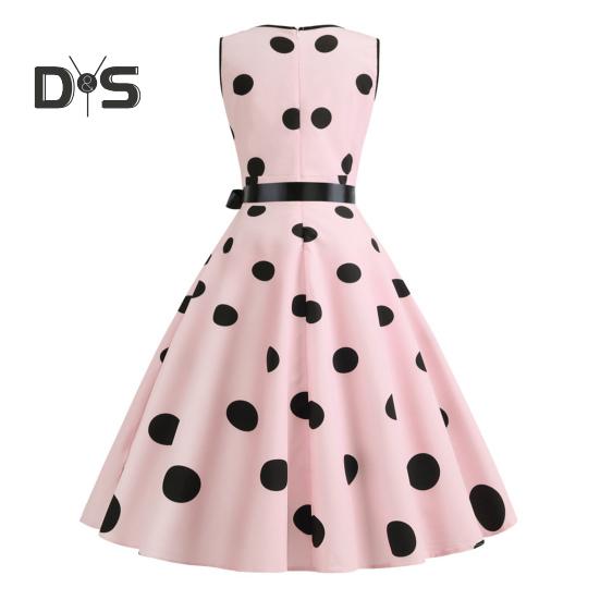 Sukienka wieczorowa dla kobiet w stylu vintage, kontrastowe kropki, nadruk w kropki, kokarda w talii, linia A, duży rozkloszowany, wąska talia, bez rękawów, odkryte plecy, dekolt w serek, sukienka midi w stylu księżniczki