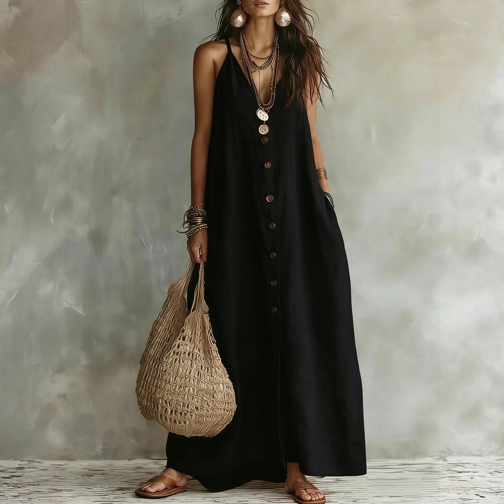 Damen Lässiges Maxikleid mit Knopfleiste Ärmellos V-Ausschnitt Lang Leinen Baumwollmischung Sommerkleid Lockere Passform Strandkleid