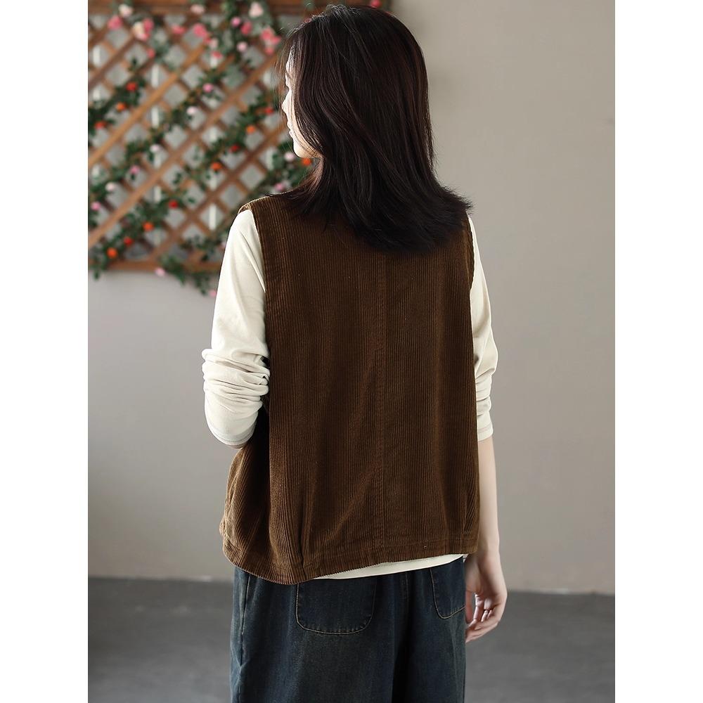 Dimanaf 2025 New Corduroy Jacket Vest Autumn Short Sleeveless Retro Coat Buttons Women Solid