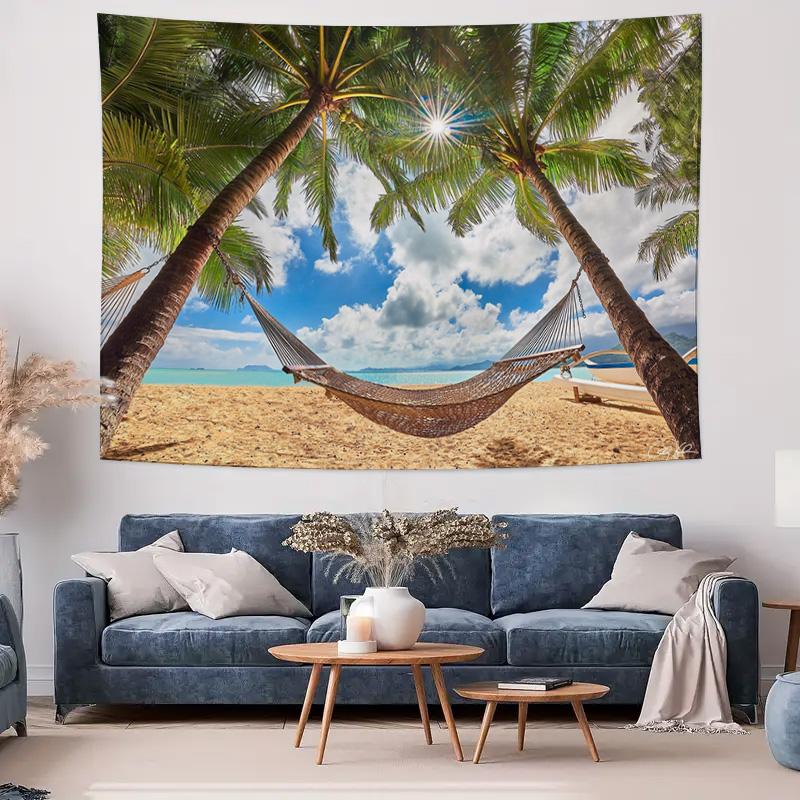 Beach Hammock with Palm Tree Shade Beach Scene Wall Hanging Tapestry