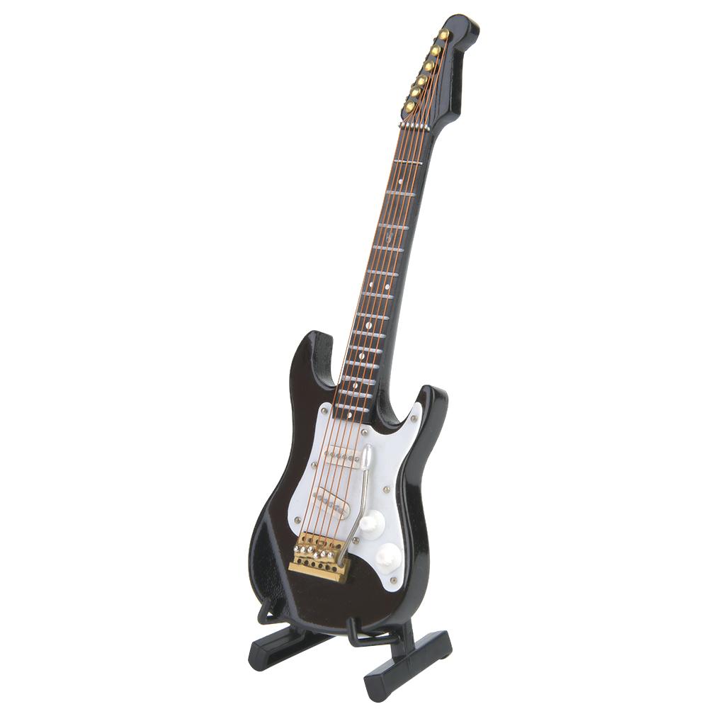 Delicate 14 cm Mini Wooden Electric Guitar Model Ornaments Collection with Stand(Black)