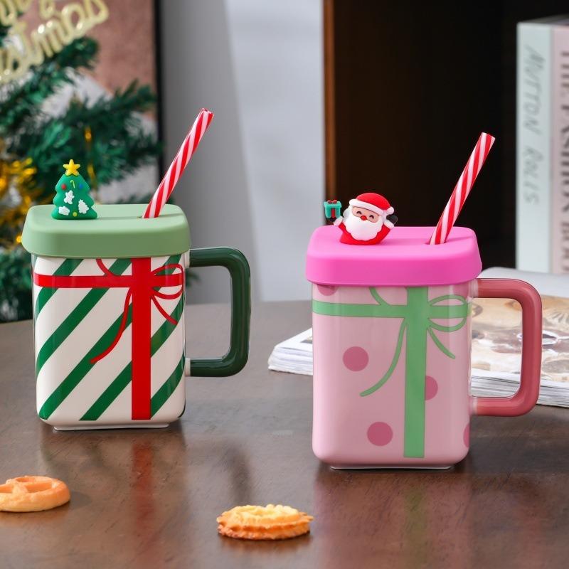 Cute Santa Claus Ceramic Mug With Handle Lid Straw Home Oat Milk Coffee Breakfast Cup Couples Christmas Gift 450ML