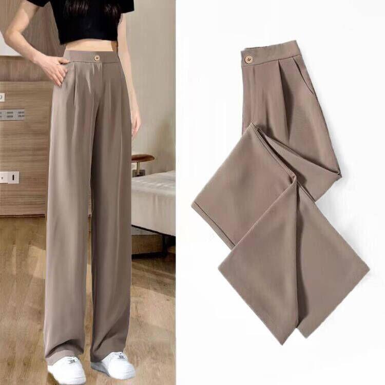Ice Silk High-Waist Wide-Leg Pants - Women's Plus Size, Spring/Summer, Casual Black Drape