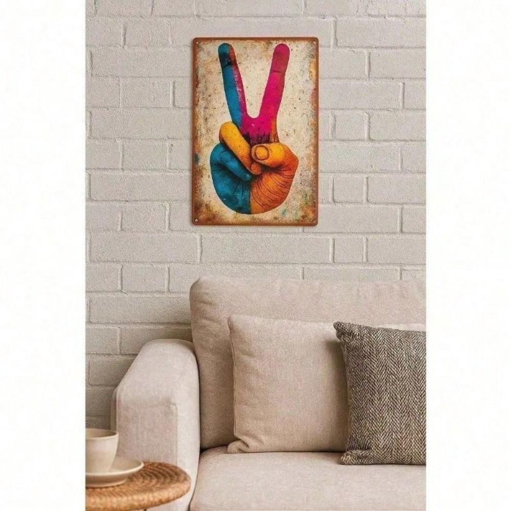 Retro Hippie Peace Sign Metal Wall Art Colorful Vintage Decor for Living Room