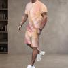 Men Plus Size Pink Gold Printed Round Neck Short Sleeve Top And Shorts Two Piece Set
