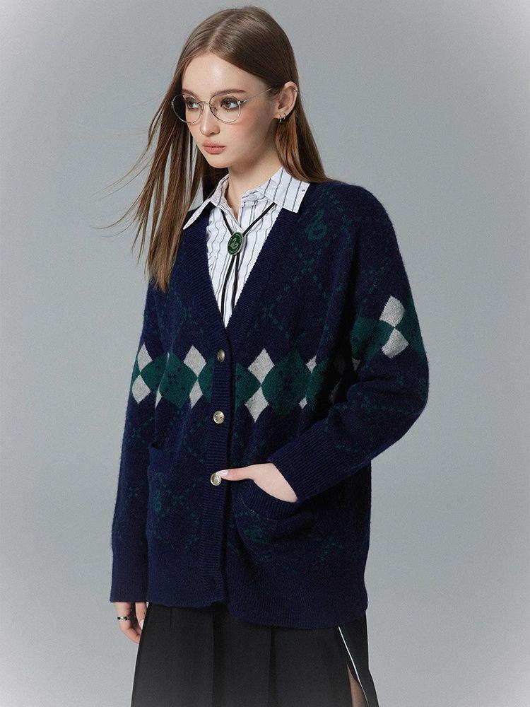 

Женский кардиган с контрастным ромбовидным узором в стиле Гарри Поттера, в стиле колледжа, коллекция осень/зима 2024 г. One Size темно-синий