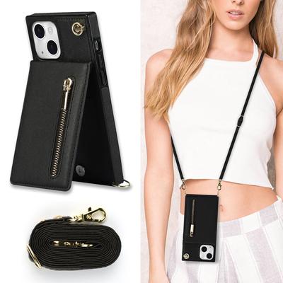 Voor iPhone 13 Pro Max Crossbody Ritsvak Kaarthouder Vierkant hoesje Voor iPhone 12 13 14 11 Pro Max mini 6XS 7/8 XR Max Nekriem Lederen cover