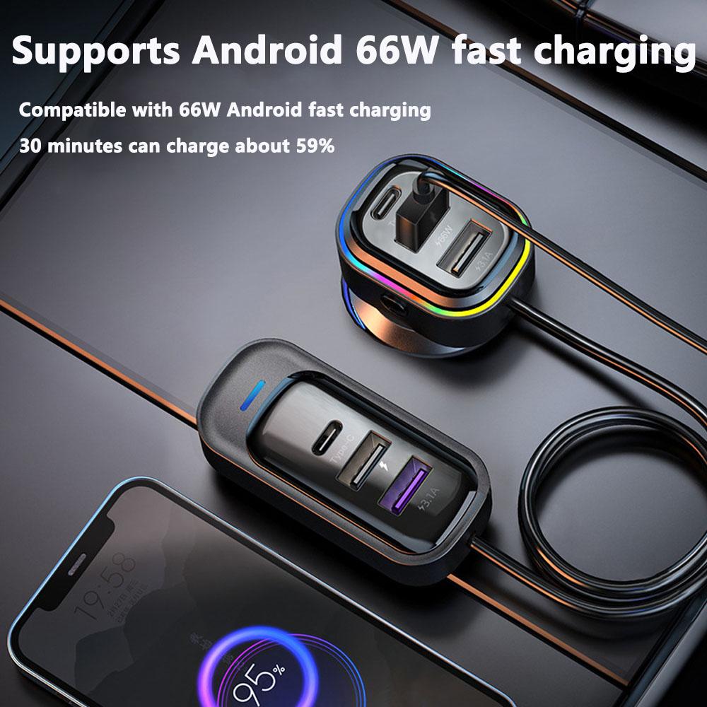 Car Charger 66W Super Fast Charging PD QC3.0 USB C Car Phone Charger Type C Ear Seat Multi-port Wired Phone Charger for Cars