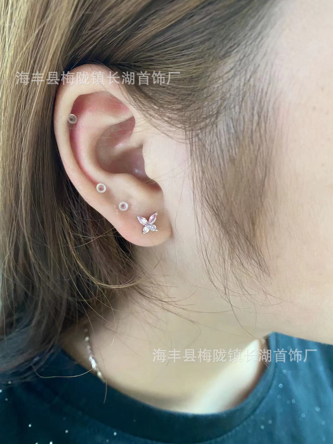 Color butterfly zircon earbone stud titanium steel flat bottom flash drill cochlear stud niche temperament stud earrings female