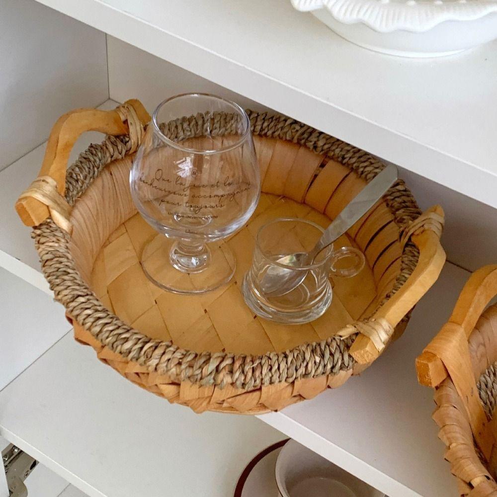 Rustic Handwoven Storage Basket Handmade Food Serving Holder Fruit Vegetable Storage Tray  Kitchen