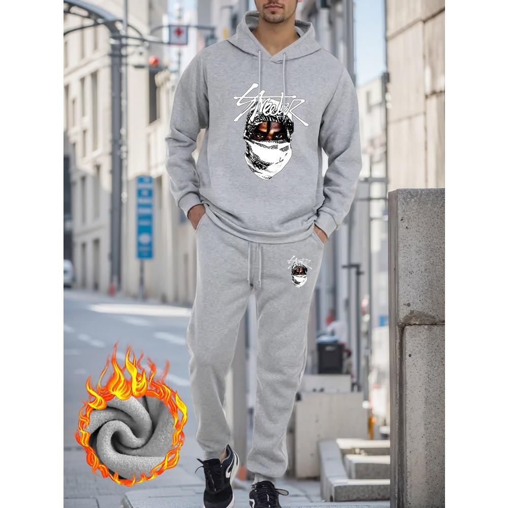 

Зимний повседневный худи и спортивные штаны, трикотажная полиэстеровая ткань, стандартная посадка, с принтом, с карманами, для мужчин XXXL