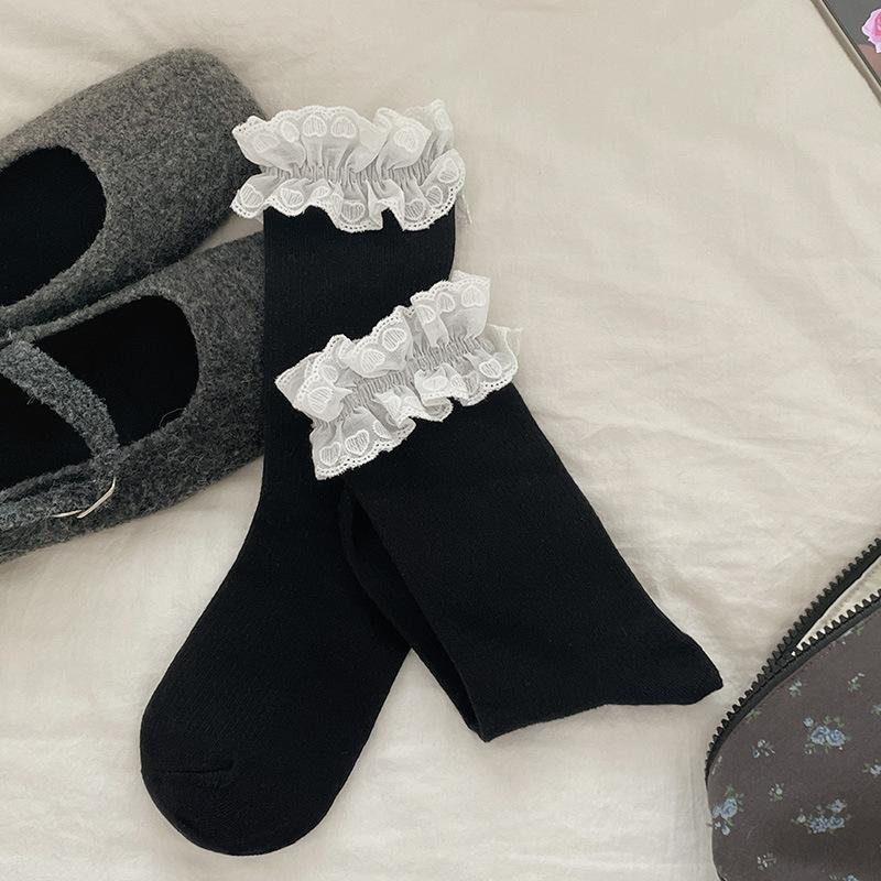 Female Spring and Autumn Sweet Pure Color Pull A Love All Kinds of Big Lace Boneless Tube Pile Socks