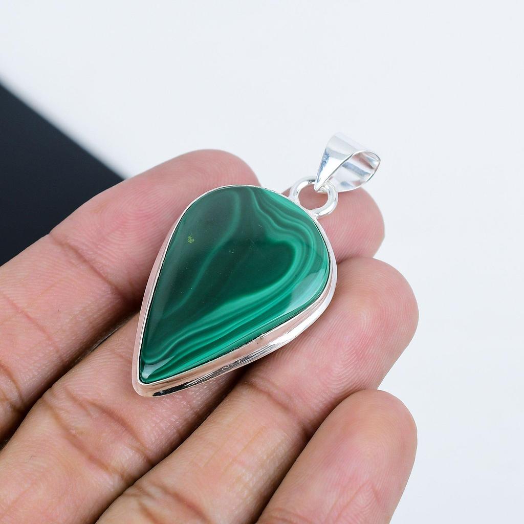 Natural Malachite Gemstone Silver Pendant in 925 Sterling Silver - Handmade Pear Design, Everyday Wear Jewelry Party Wear Gift