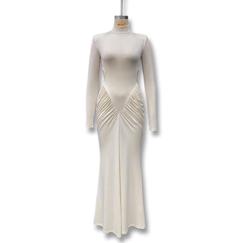 2025 Europäisch-Amerikanisches Herbstkleid für Damen mit hohem Kragen, Raffung am Rücken, rückenfrei, figurbetont