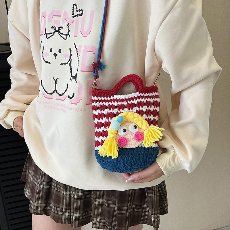 Cartoon Knitted Crossbody Bag With Shy Girl Design For Women Winter Fashion Trendy Casual Womens Accessory
