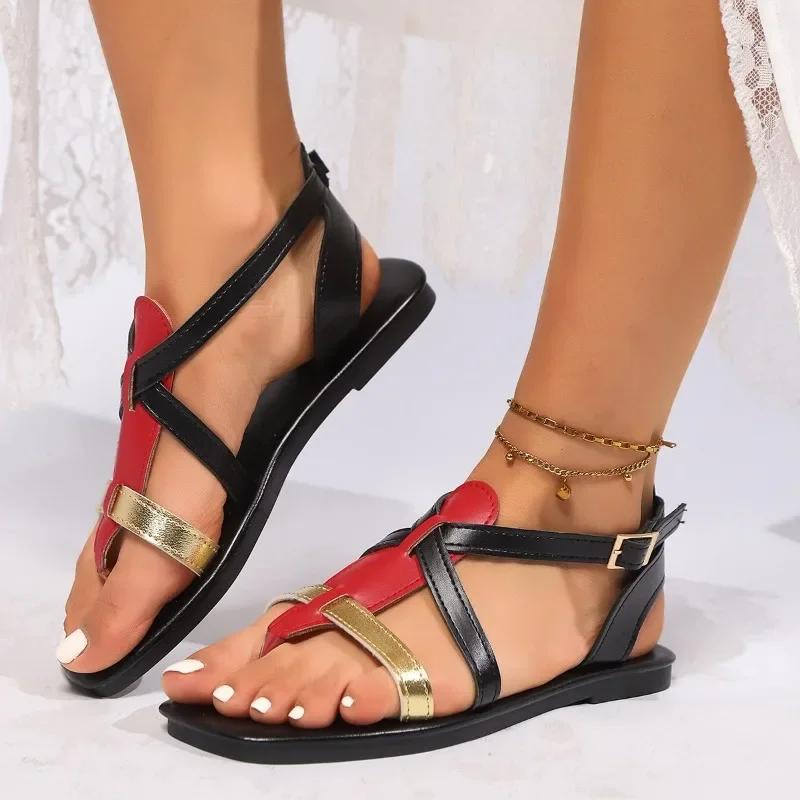 Mode Damen Schuhe 2025 Sommer Neu Offene Zehen Damen Sandalen Übergröße Gemischte Farben Schnallenriemen Flache Sandale Outdoor Täglich Lässige Flats
