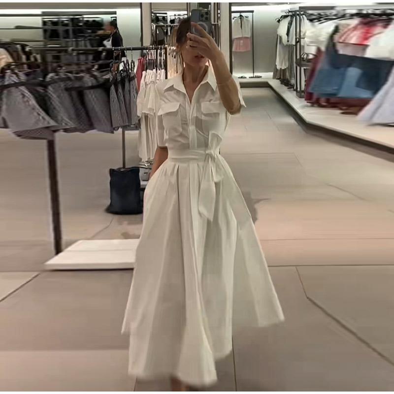 LYRIA Casual Striped Women Dress Lapel Single Breasted Short Sleeve Slim Waist Long Dresses New Lady Fashion Vacation Robe
