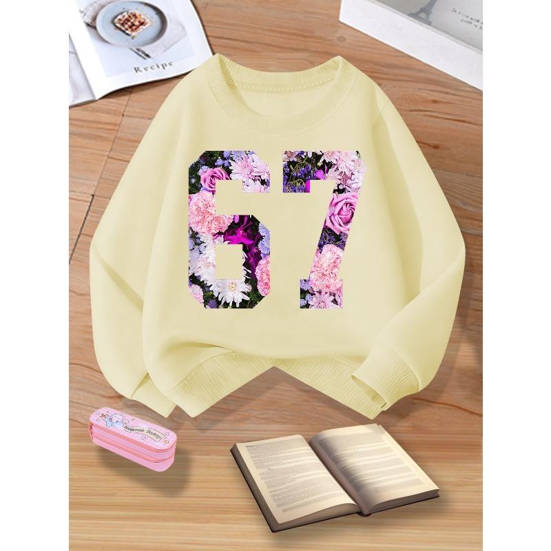Kids Unisex Red Crewneck Sweatshirt, Vintage Floral Fill 67 Number Graphic Long Sleeve Pullover, Soft Fleece Sweatshirts for Boys Girls Ages 4+