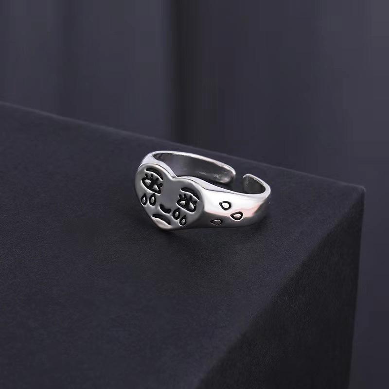 Retro Heart Shape Crying Face Ring For Men Women Silver Color Punk Gothic Open Ring Handmade Unisex Designer Jewelry Accessories