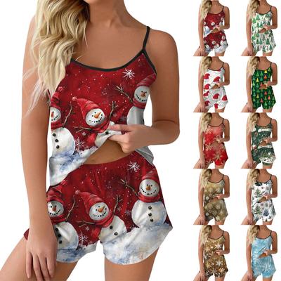 Kadın Modası Noel Baskılı Set Kolsuz Üst Şort Pijama ile