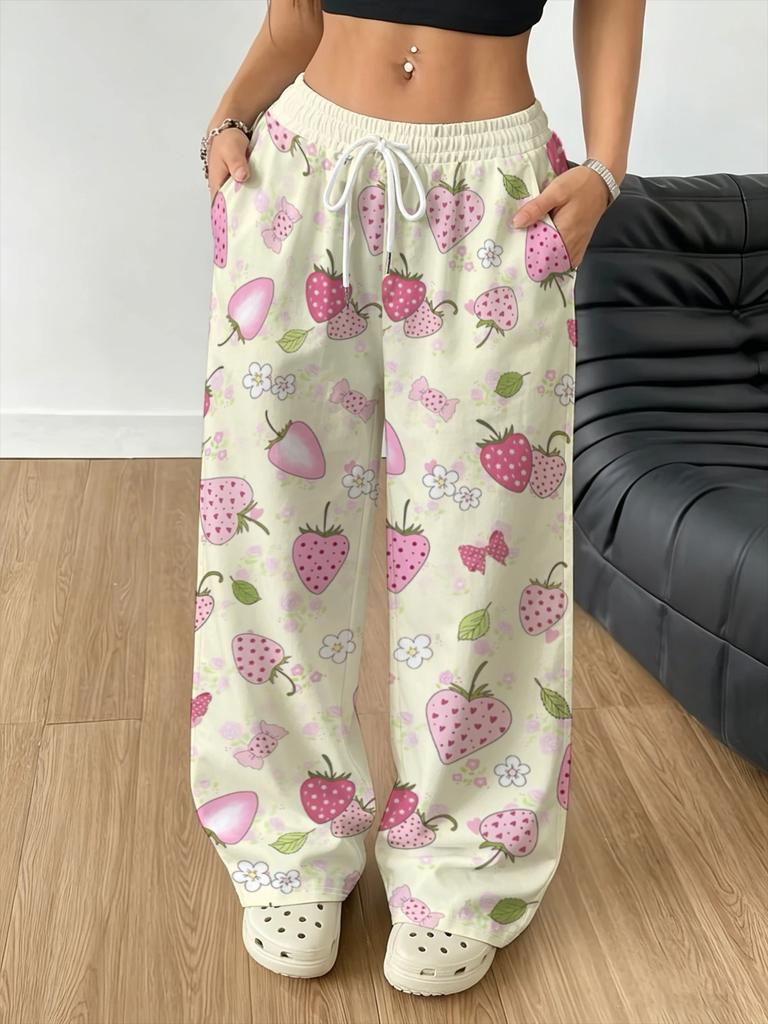 Ladies Loose Fashion Casual Sports Wide Leg Pants Cream Base Color Cartoon Strawberry Candy Flower Pattern Print