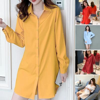 Women Casual Shirt Dress Spring Autumn Mid-length Shirt Dress Lapel Long Sleeve Single Breasted Long Shirt Solid Color Nightdress