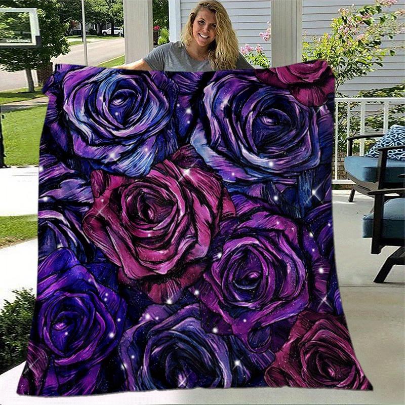 1pc Rose Printing Lightweight Flannel Blanket, Comfortable and Warm Blanket, for Camping Sofa Bed and Couch Office, Gift