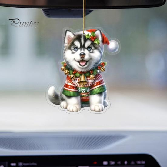 Ciondolo per auto a forma di cane con fiore in acrilico, 8 cm, facile da appendere, con corda, doppia faccia, visuali digitali 2D, decorazione da appendere per una visione realistica dell'albero di Natale dell'auto.