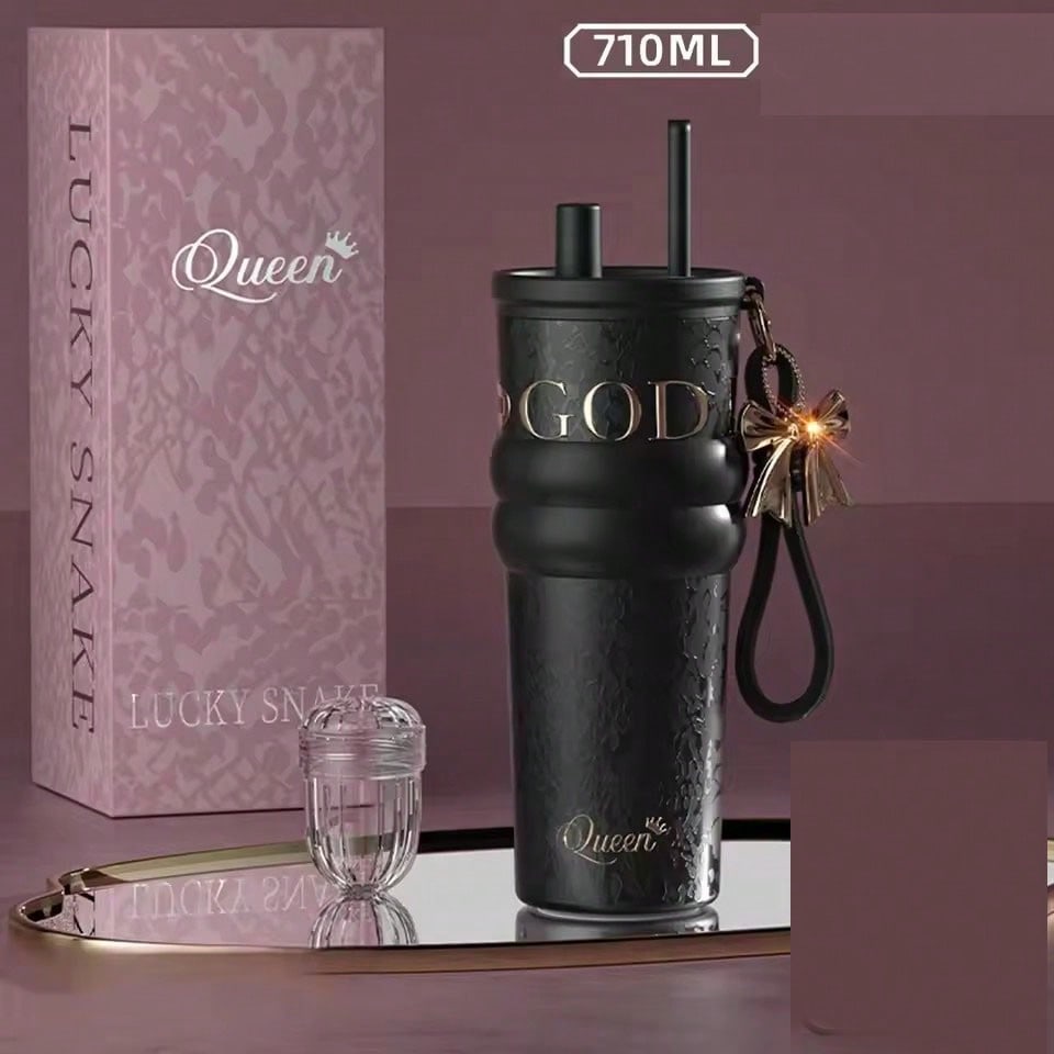 710ml Travel Thermos with Straw and Leak-Proof Lid, Stainless Steel Metal Water Bottle for Hot and Cold Coffee Drinks