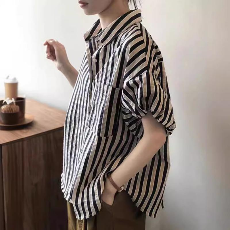 Women Striped Loose Puff Short Sleeve Turn Down Collar Casual Shirt Tops S