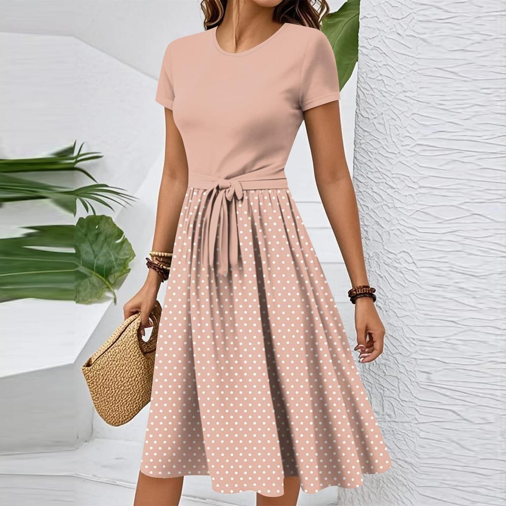 Women's Casual Fashion Belted Vintage Printed Short Sleeve Round Neck Elegant Dress