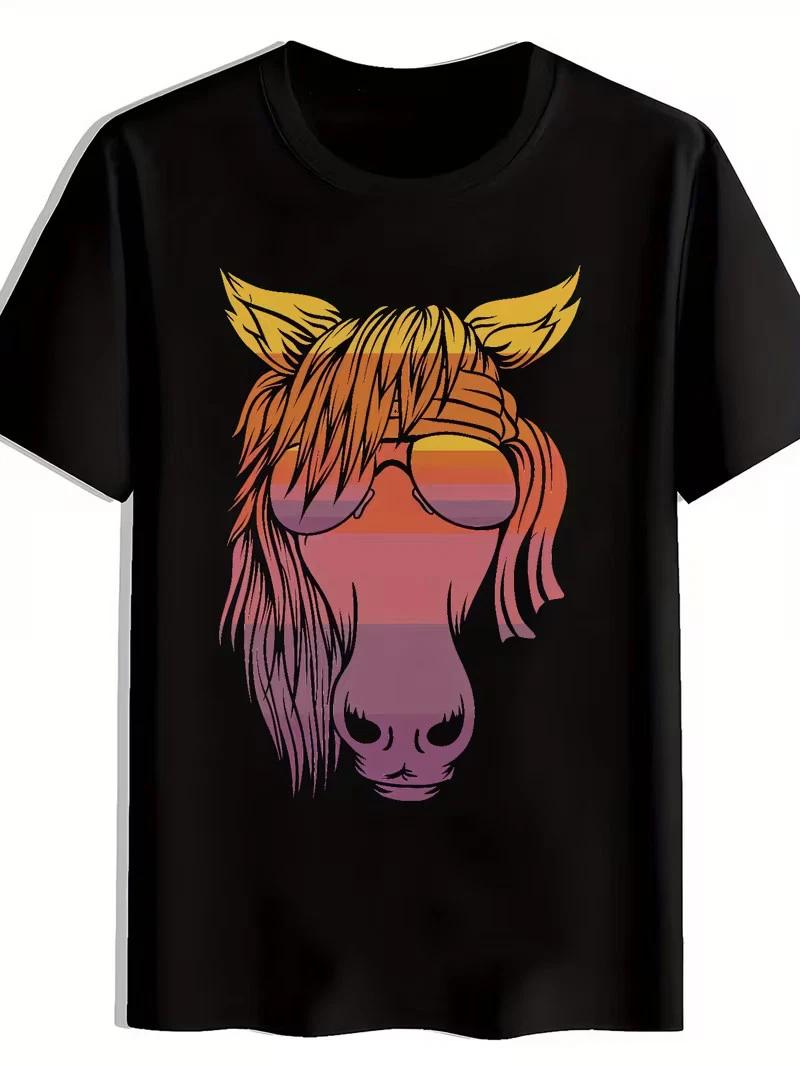Men S Black T-Shirt with Vibrant Unicorn Head & Glasses Print - Casual Crew Neck XL