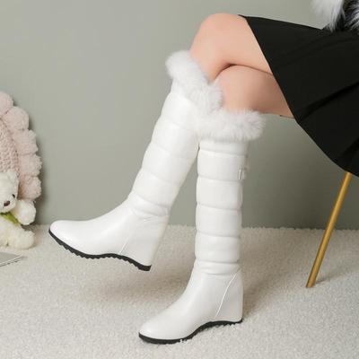 Dames lange laarzen voor herfst en winter, lang pluche, comfortabel en warm, effen kleur, groot konijnenbont, met verhoogde schuine hakken aan de binnenkant