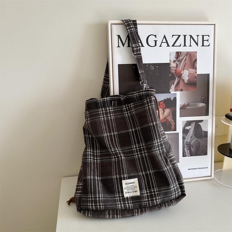 11 College woolen plaid drawstring backpack messenger bag large capacity shopping shoulder bag women