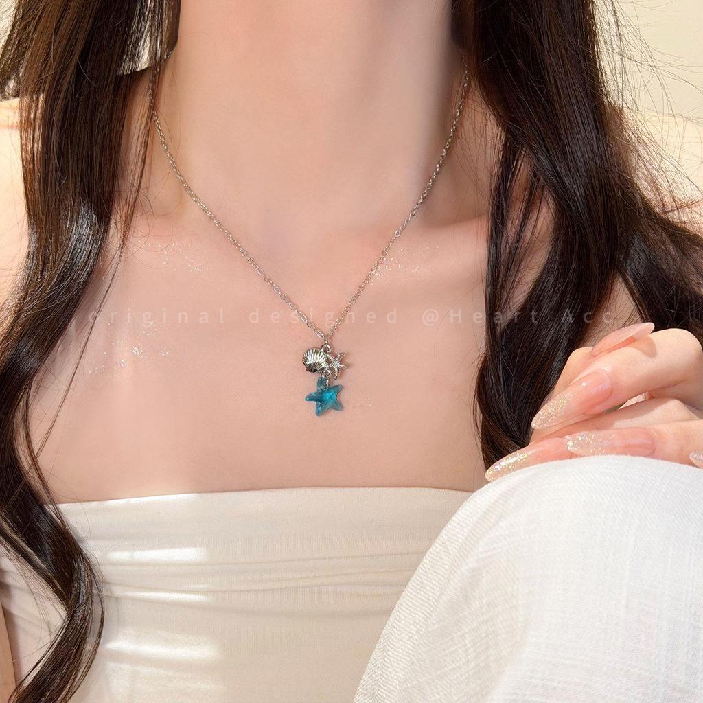 Unique Design Blue Starfish Shell Necklace - Seaside Vacation Style Clavicle Chain, Perfect Travel Photo Accessory for Women