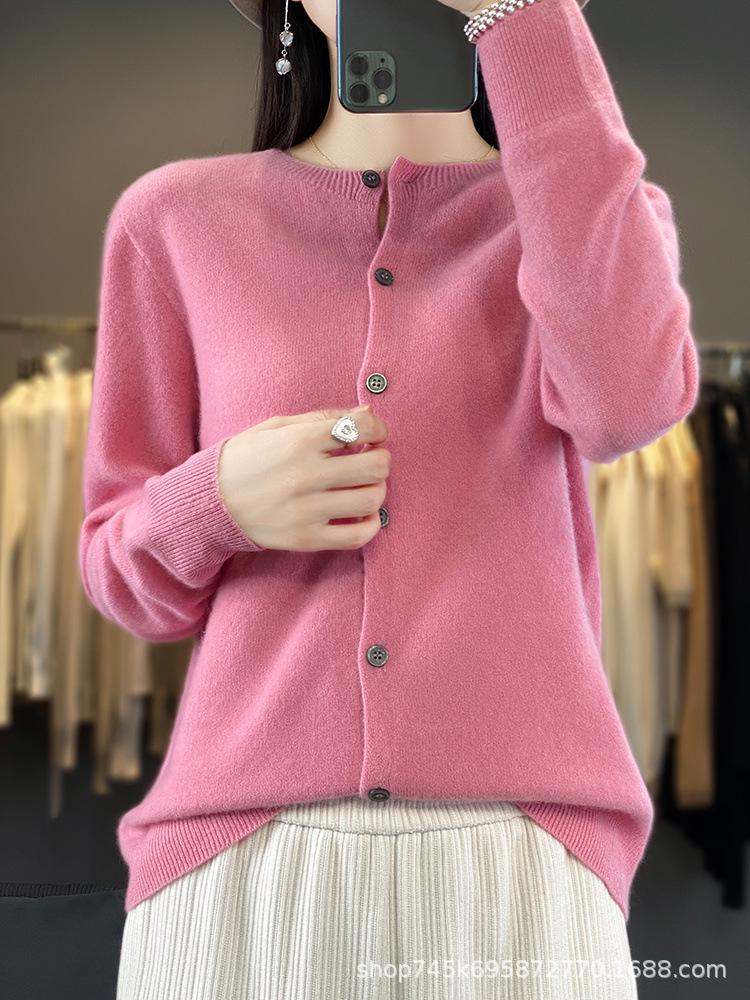 Women's Pure Wool Slim-Fit Cardigan: Warm, Thickened, Round Neck, Knitted Sweater for Autumn and Winter