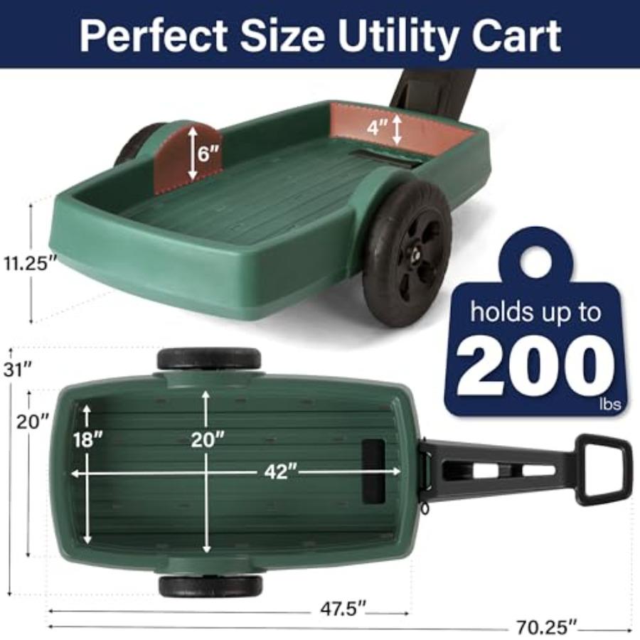 Yard and Garden Outdoor Cart - Long Handle Easy Turn 2 Wheel Heavy Duty Plastic Pull Cart for Backyard 42 in x 20 in x 4 in Bed