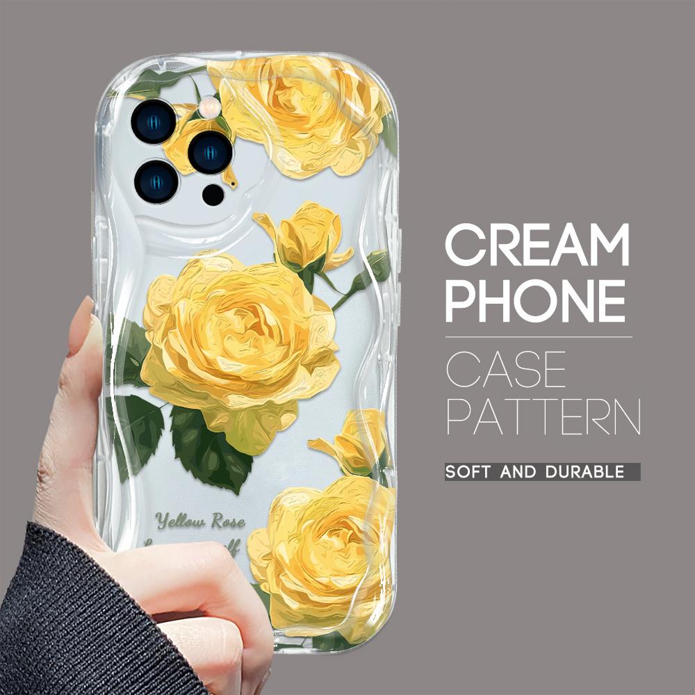 For iPhone 16 15 14 13 12 Samsung S24 S23 S22 A06 A13 A14 A15 A16 A55 Redmi Note 13 12 Beauty Rose Flowers Cream Texture Wavy Edge Soft Phone Case