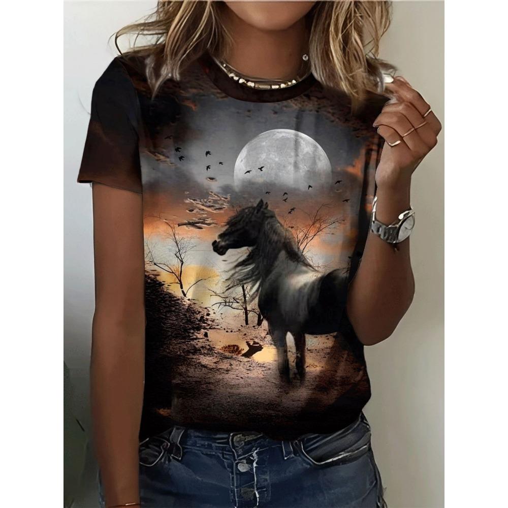 Summer Animal Wolf 3D Print T-Shirts Women's Round Neck Short Sleeve T Shirt Oversized Harajuku Tees Y2k Tops Female Clothing
