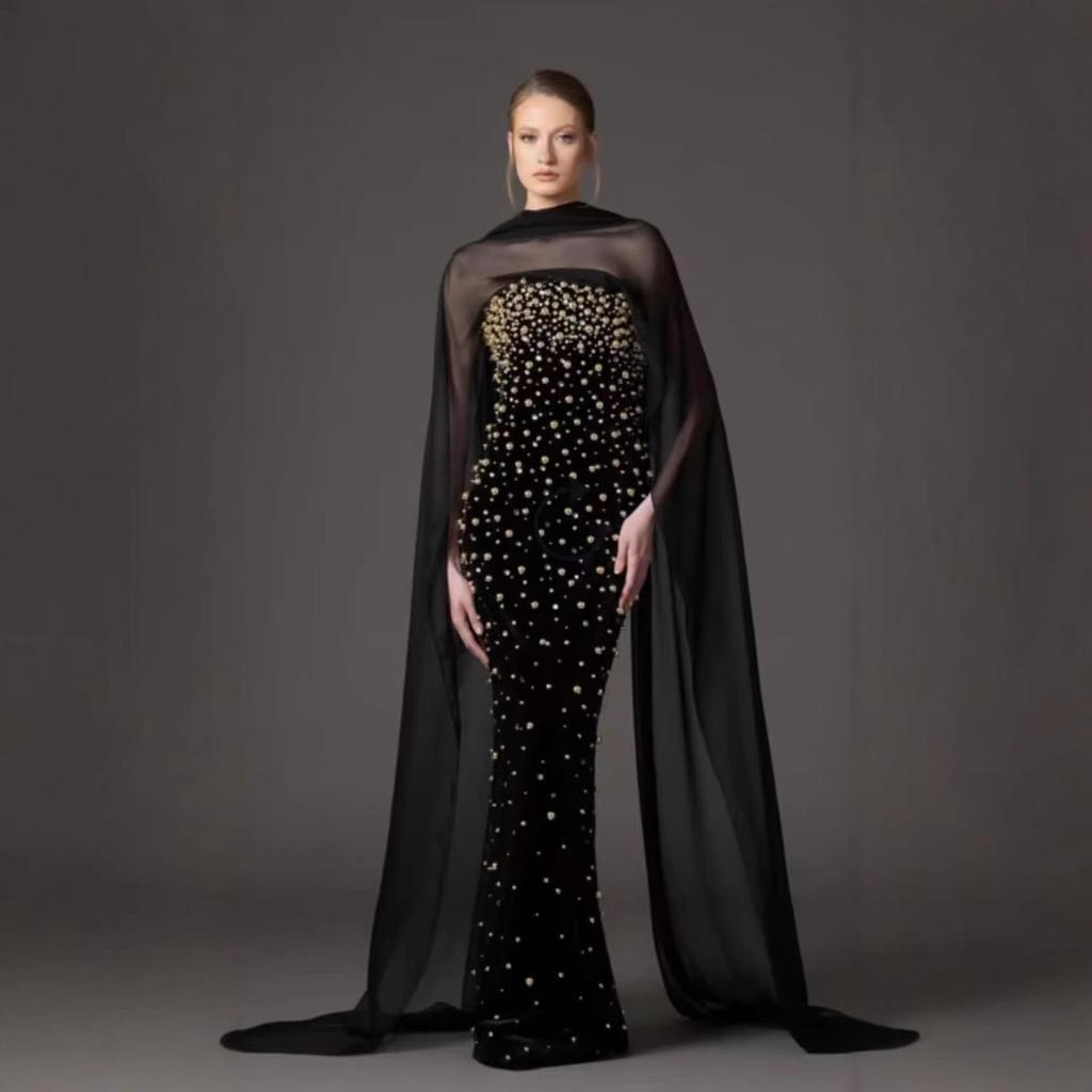 Chic Women's Beaded Strapless Evening Gown - European & American Style Socialite Dress