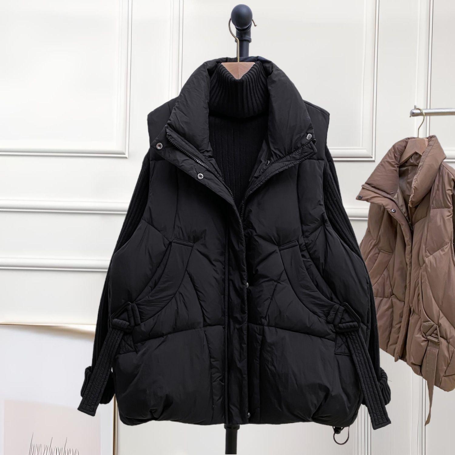 

Women s Plus Size Mid-Length Sleeveless Jacket - Thick Warm Down Cotton Vest for Autumn/Winter M (85-105 jin) чёрный