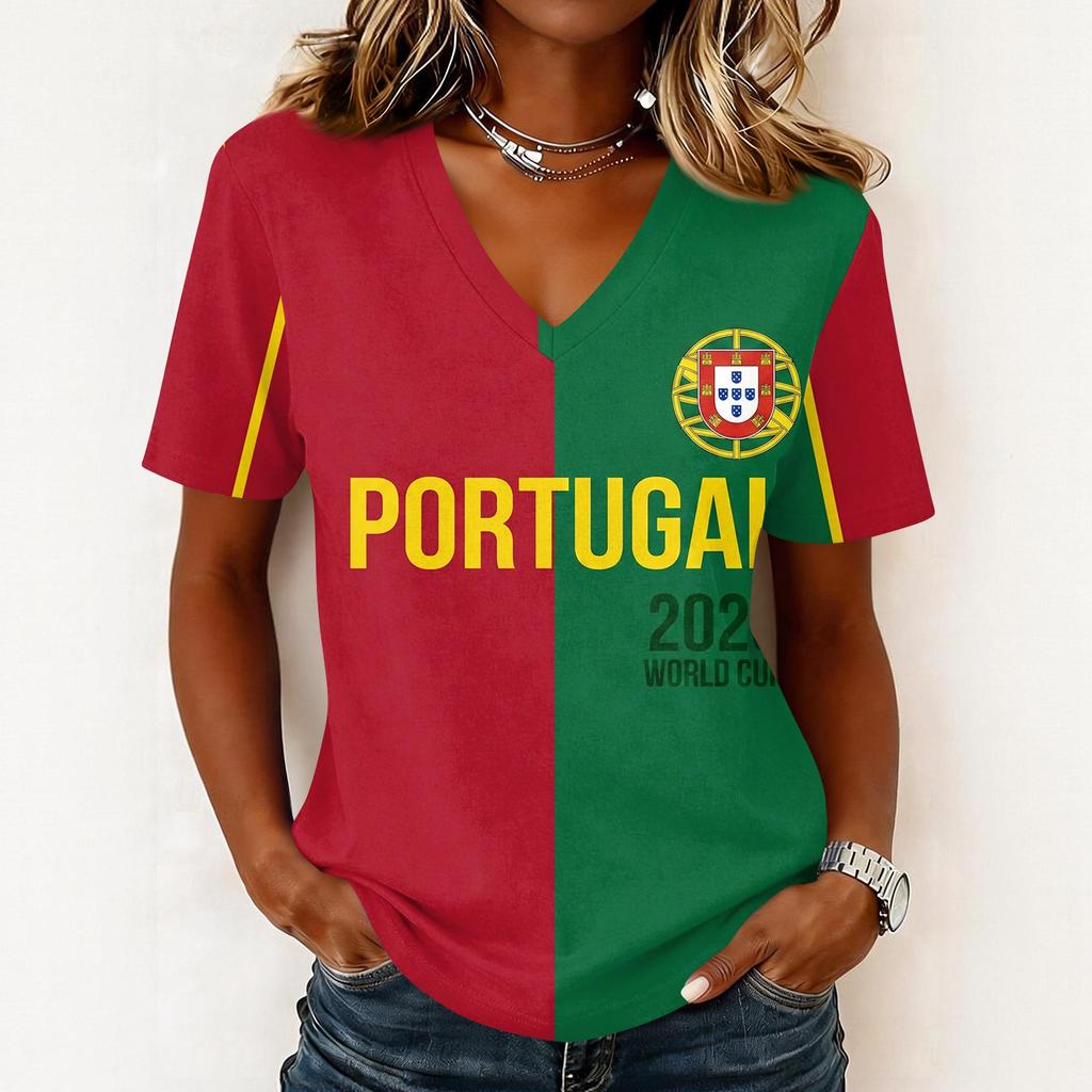Women's Short Sleeve V-Neck T-Shirt with Soccer Flag Print for Casual Day Wear