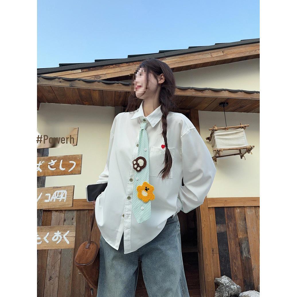 2026 Spring Women s Chic College Color-Block Bear Tie Long-Sleeve Layered Shirt Medium