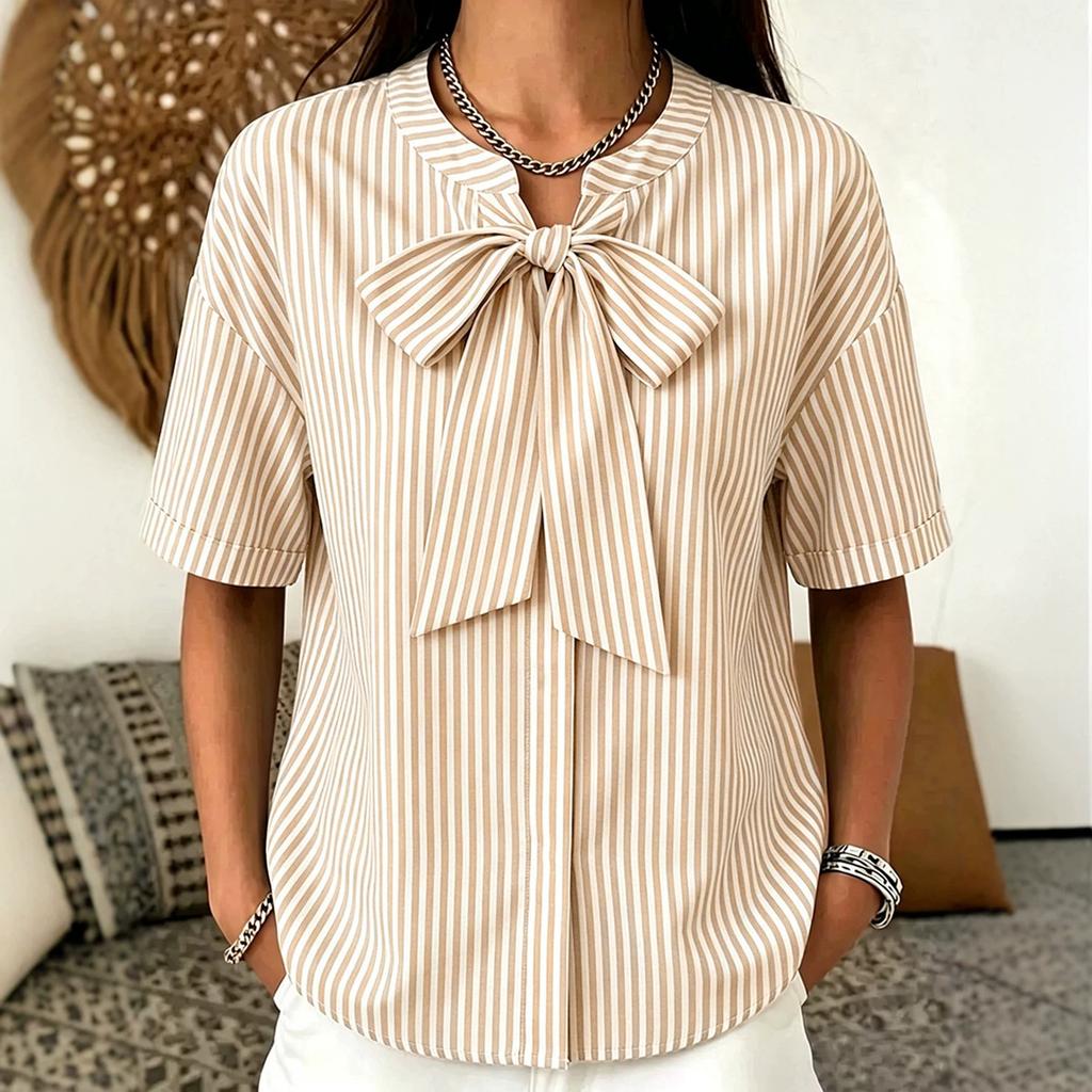 Women Loose Fit Striped Short Sleeve Blouse with Bow Tie Front Casual Relaxed Fit Top for Everyday Wear Office Work